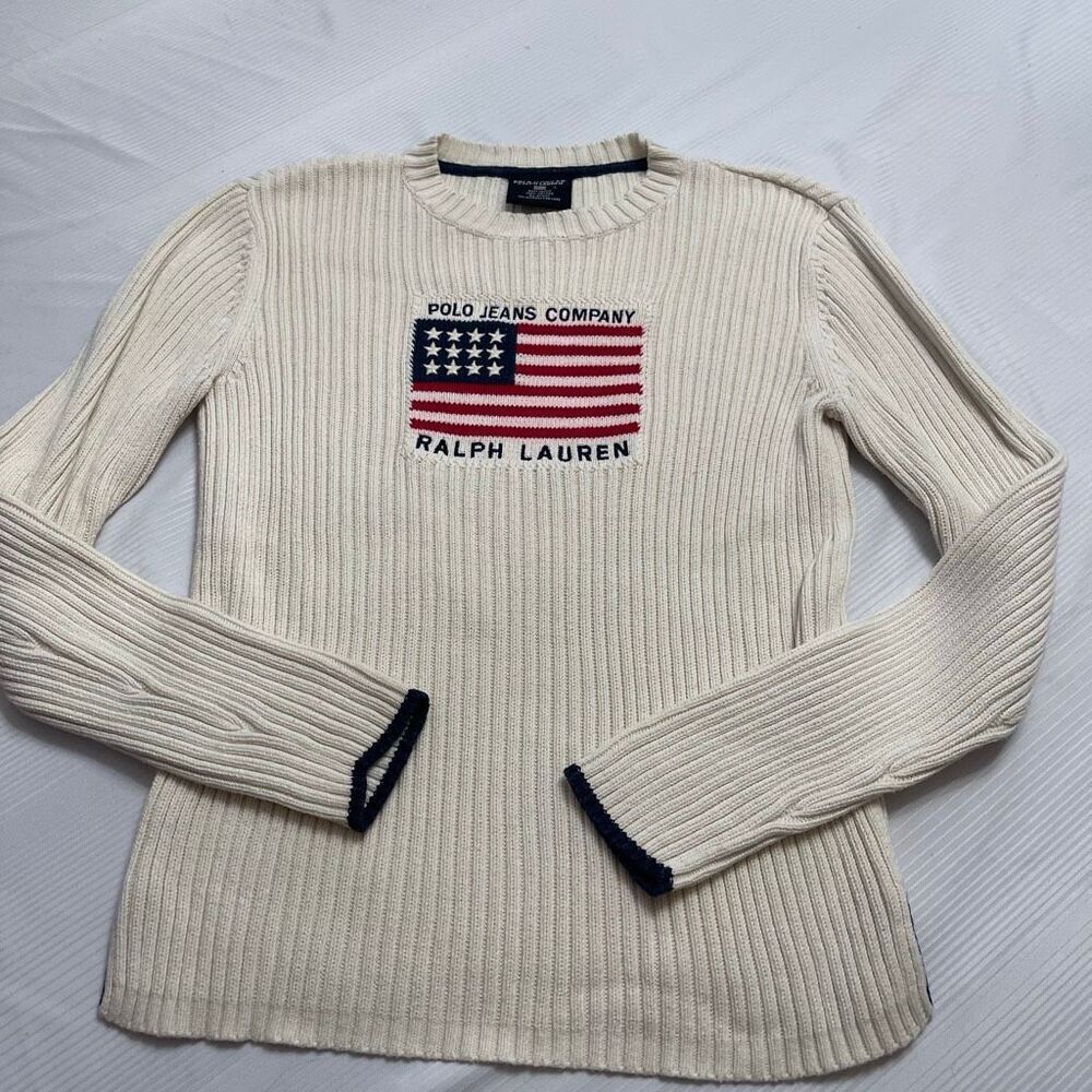 Vtg Ralph Lauren Sweater Womens L Cream US Flag Embroidered Crew Neck Cotton